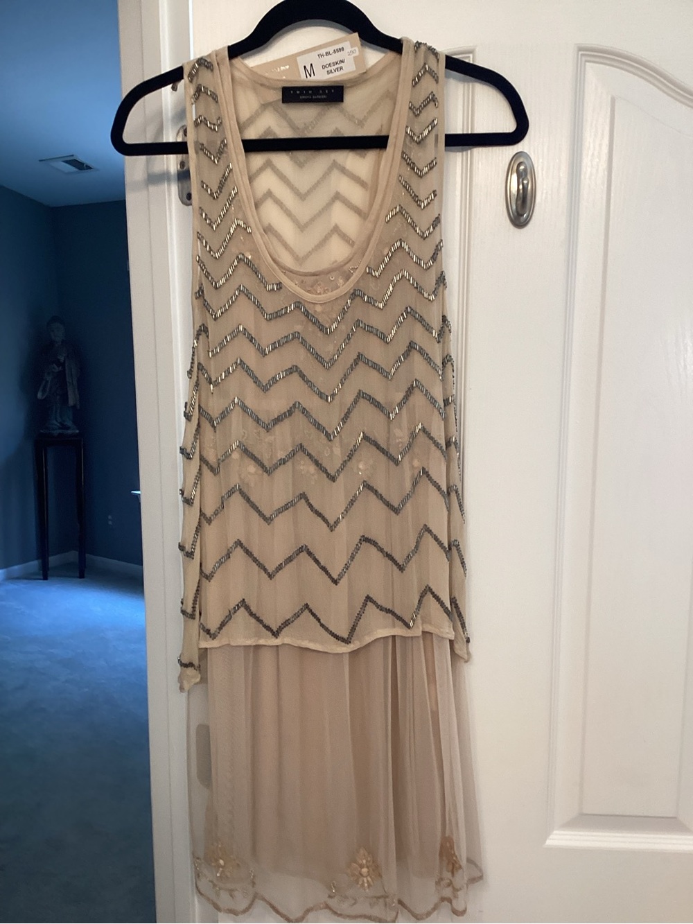 Sequin Chevron Sleeveless Layered Dress - Beige